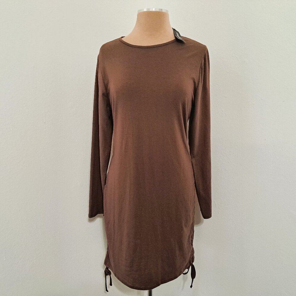 Boohoo Women's Midi Dress Side Ruched Long Sleeve Brown Color Size 14 NWT